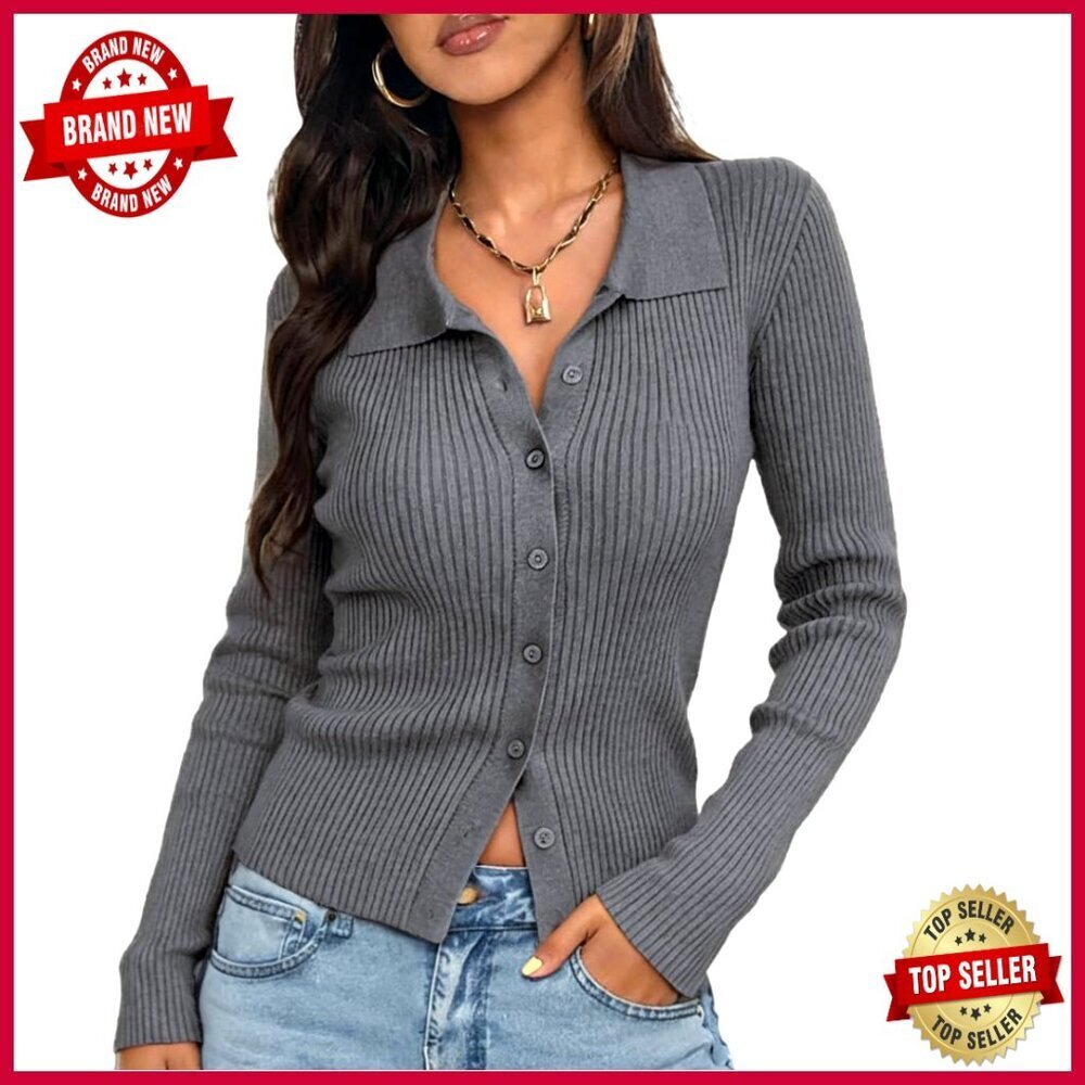 Slim Fitted Rib Knit Cardigan Sweater Long Sleeve Button-Up Lightweight Fall
